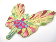 Rare Antique Fairy Applique 1930s, Flapper girl, Silk on Cotton, butterfly, patch.