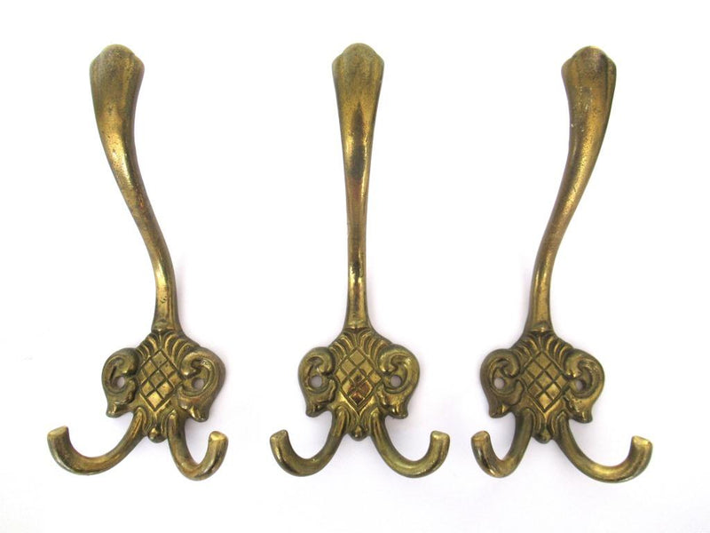 Set of 3 Solid Brass Ornate Victorian style wall hooks. Vintage